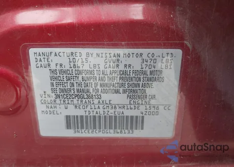 2016 Nissan Versa Note Sv из США, поврежденный, VIN 3N1CE2CP0GL368133